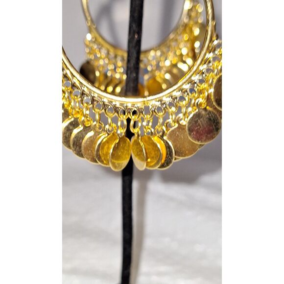 Gold Tone Dangle Drop Earrings Pierced Harem Turkish Style Hoops Elegant Evening - Picture 7 of 8